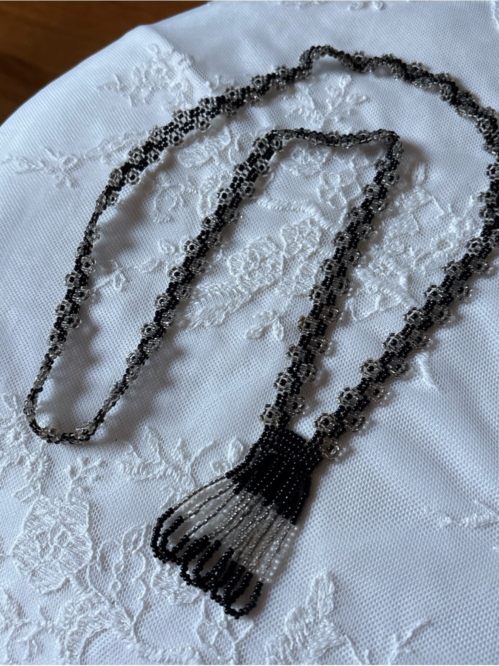 Handmade Vintage Black and White Beaded Tassel Necklace